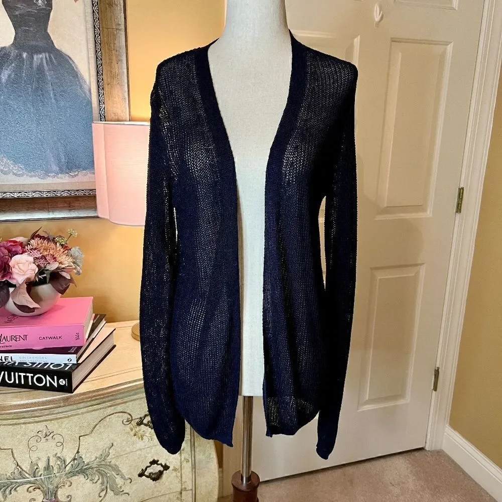 Women's Ines De La Fressange Navy Open Front Loose Weave Cardigan Sweater MEDIUM